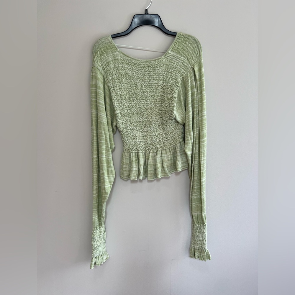 Free People Free Spirit Smocked Knit Peplum Sweater Crop Top, Seafoam Green, S - Picture 3 of 12